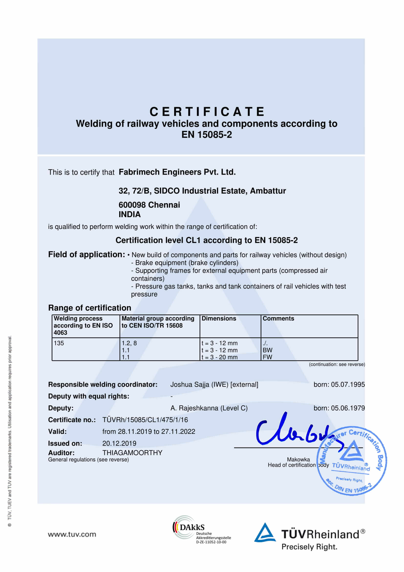 Certification - Fabrimech Engineers Pvt. Ltd.